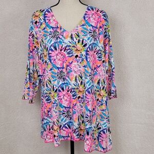 Lulu-B Multi Color Turtle Print V-Neck 3/4 Sleeve Asymmetrical Tropical Top Sz L